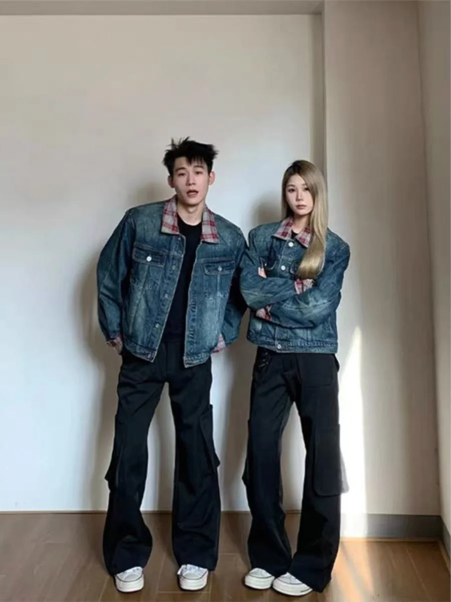

Retro American Plaid Splicing Denim Jaet Loose ex Spring Autumn Design Unique Couple Workwear Jaet Youth Trend