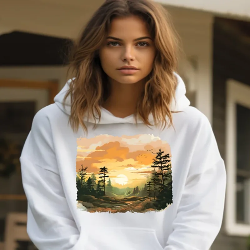 

Толстовка с капюшоном для приключений на открытом воздухе, толстовка для любителей природы, дизайн с лесным восходом солнца, удобный полиэстер, унисекс