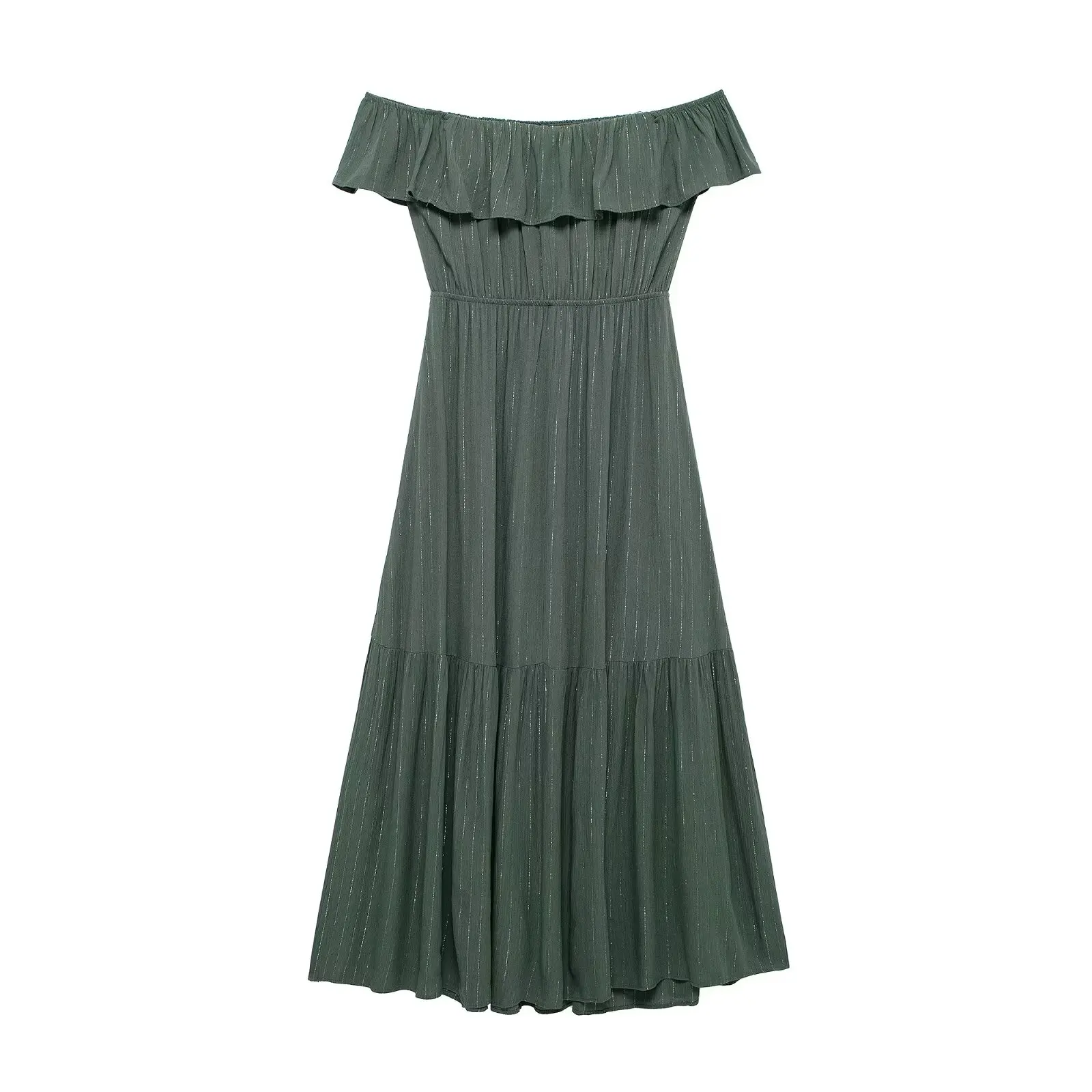 HH TRAF Summer Female Chic Dresses Striped Green One-word Collar Backless Lace-up Decorative Metallic Pleated Midi Dress Mujer