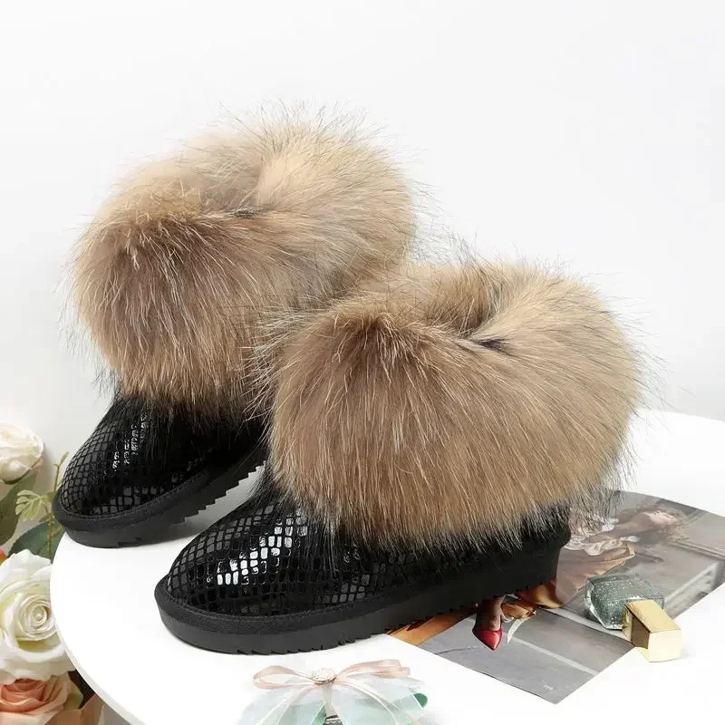 Winter Fox Fur Snow Boots Women\'s Genuine Leather Short Boots Flat Thickened Warm Raccoon Fur Cotton Shoes