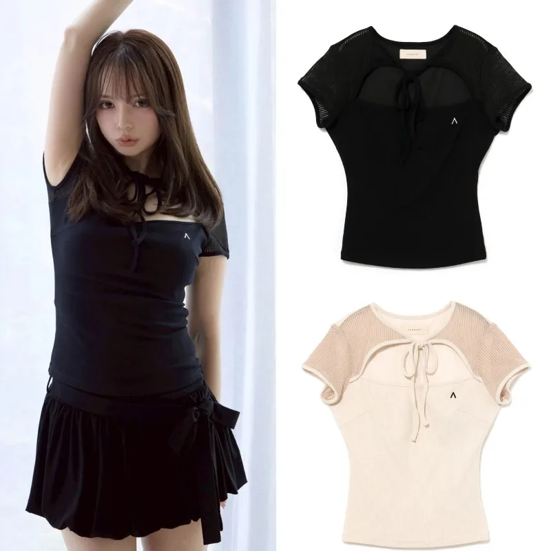 

повседневные футболки на шнуровке с вырезами, женские сетчатые лоскутные футболки с короткими рукавами, облегающий повседневный топ в японском стиле, шикарная милая эстетичная футболка y2k