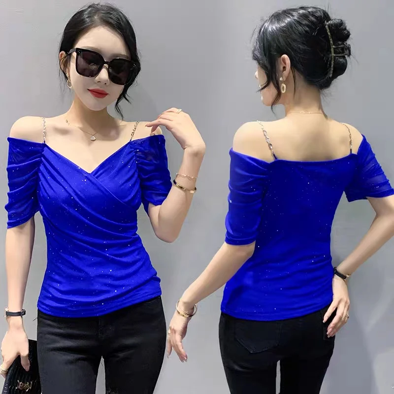 Streetwear Chic Pleated Mesh Stitching Short-Sleeved Women\'s T-Shirt 2023 Summer New Sexy Off-The-Shoulder V-Neck Girl Tees Top