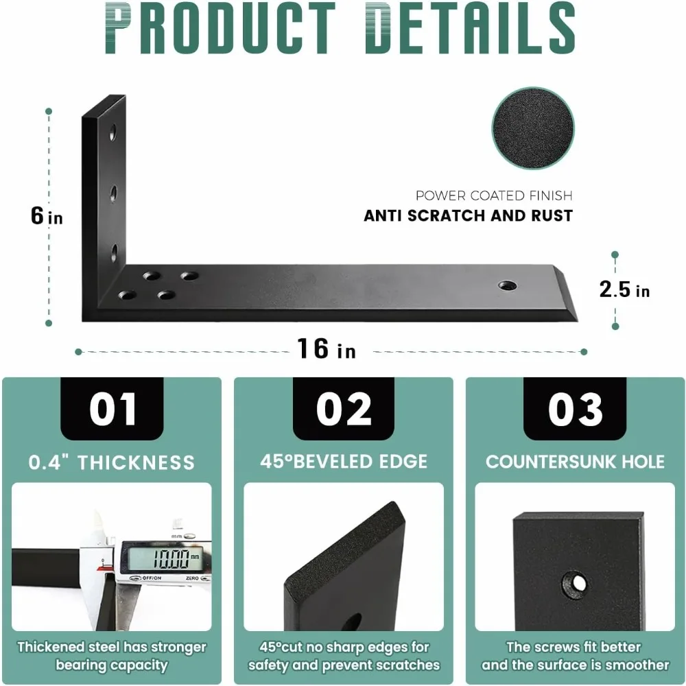 دعامات L من الفولاذ شديدة التحمل لدعم كونترتوب، 3 عبوات، 16 × 6 × 2.5 بوصة، كربيل معدني سميك 3/8 لتركيب رفوف الخشب #2