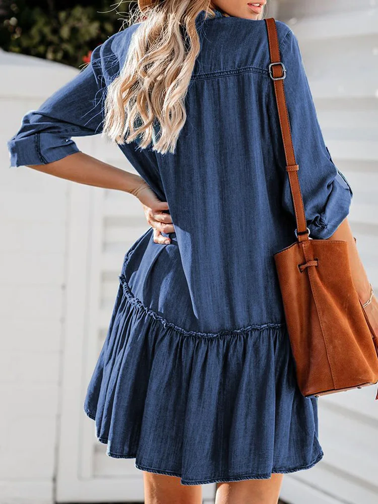 Eleganckie V Neck Mini sukienki dla kobiet panie luźna jednolity, z kieszenią sukienka jeansowa 2022 wiosenne jesienne z długim rękawem rękaw dorywczo krótka sukienka