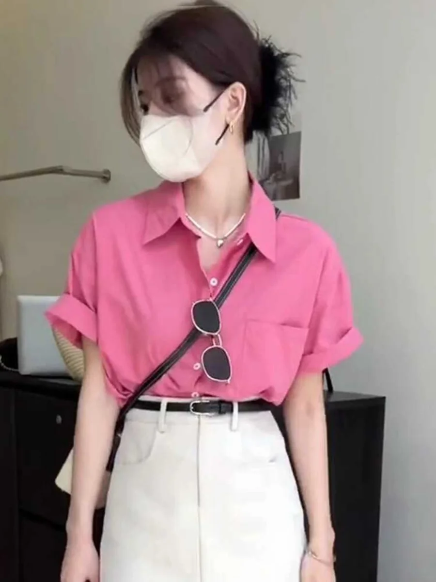 

Elegant Korean Style Collar Short Sleeve Light Weight Casual Fashionable Trendy Top Commute Style Straight Cut Summer Shirt