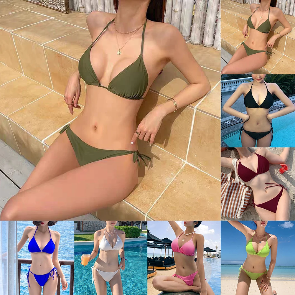 Triangular Cup Women Bikini Set 5 Spandex Lightweight Fabric Multiple Colors Available Back Hanging Neck Bikini