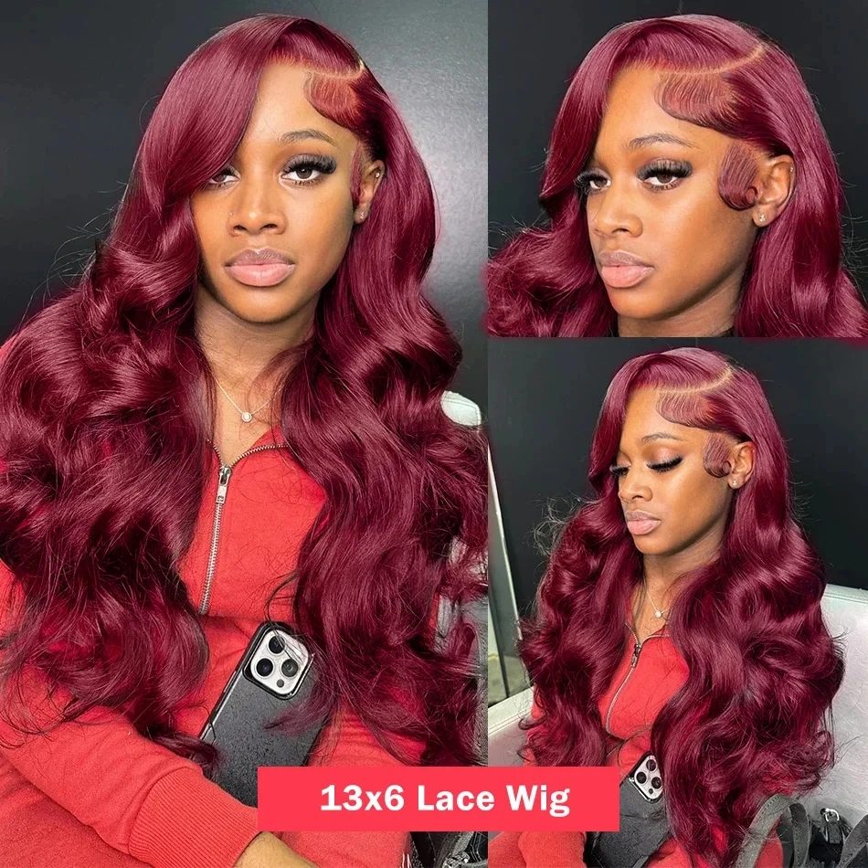 Perruque Lace Front Wig Body Wave Naturelle, Cheveux Humains, Rouge Bordeaux 99J, 13x4, 13x6, Pre-Plucked, avec Baby Hair, pour Femme