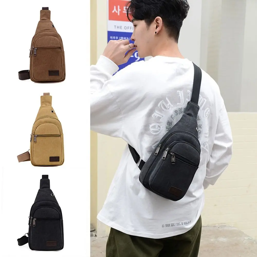 Large Capacity Men Chest Bag New Light Weight Canvas Shoulder Bag Multilayer Chest Pack