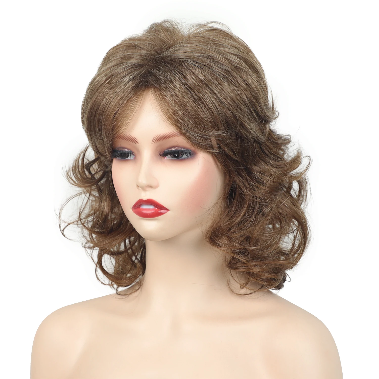 Soft & Healthy Mommy Short Synthetic Curly Hair Shoulder Length Brown Loose Wave Wig with Bangs Cute Daily Party Wig for Women