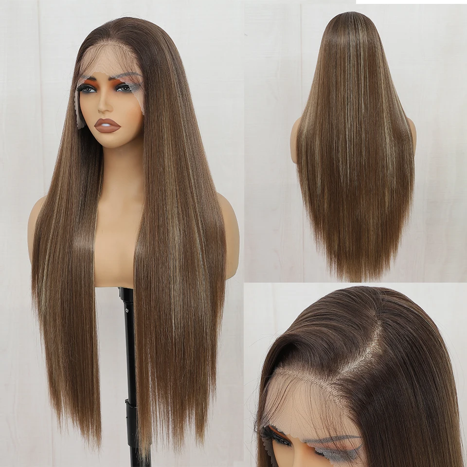 

Straight 13x4 Synthetic Lace Front Wigs Pre Plucked Mixed Brown Highlight Blonde Wig Colored Wig for Women Daily Use 30inch