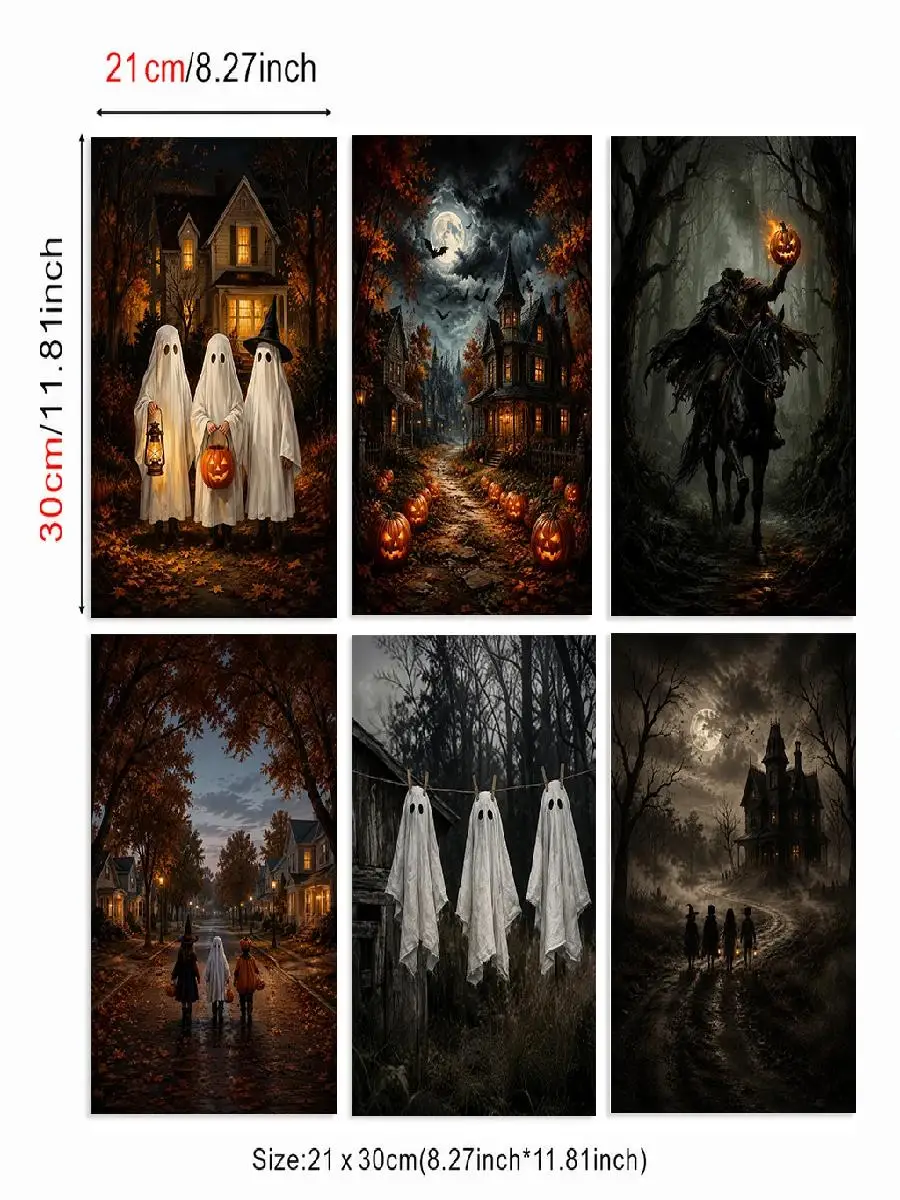 Set of  Halloween Ghost Kids Pumpkin Haunted Bats Headless Horseman Spooky Dark Modern Moon Canvas Poster Wall Art Prints Home