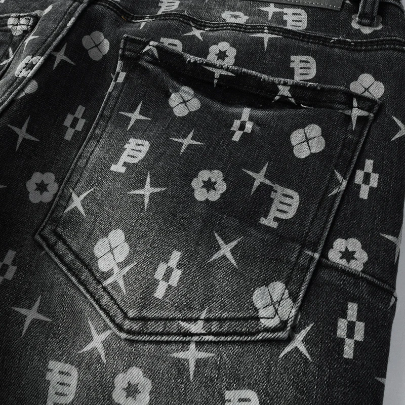 Fashionable new black and gray men's jeans with print, washed water, nostalgic stretch, slim fit, retro jeans, high street hip-h