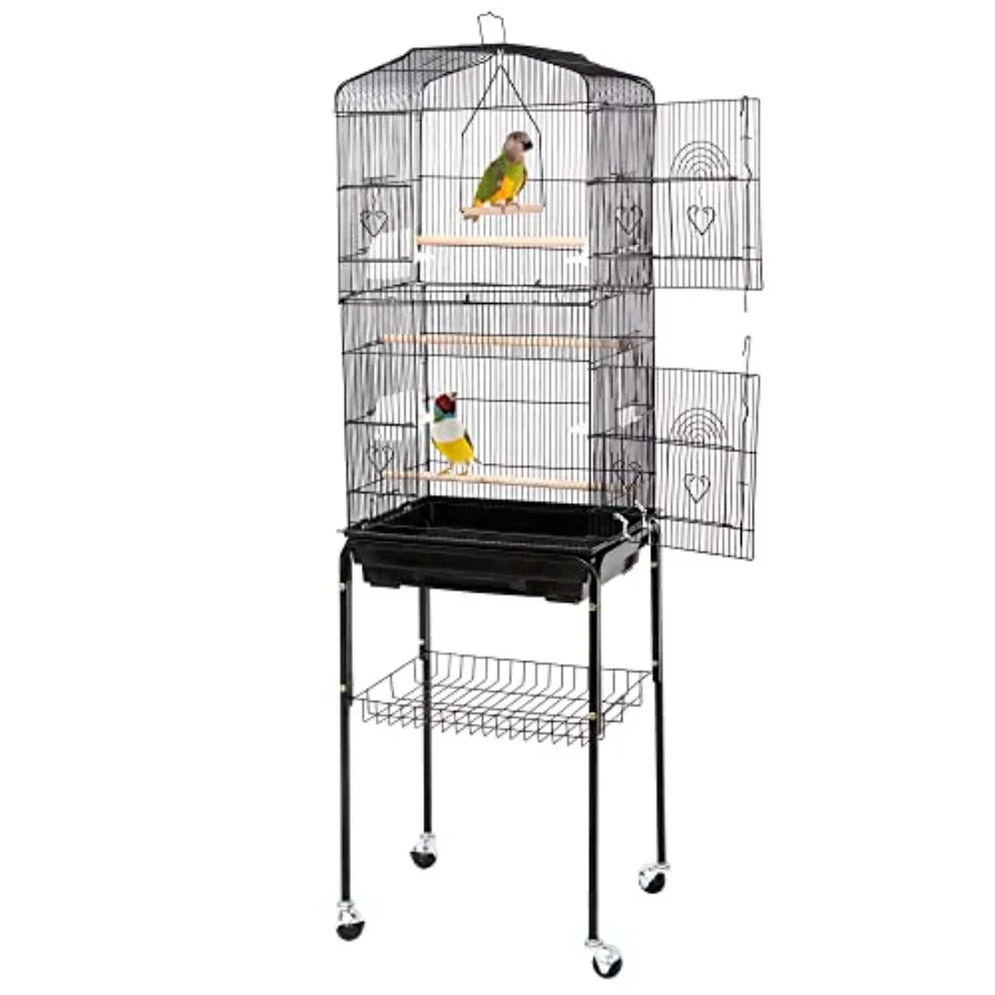 

63.38 Inch Bird Cage Rolling Wrought Iron Parrot Cage with SideOut Tray Storage Shelf Pet Bird House for Parrot Cockatiel Cocka