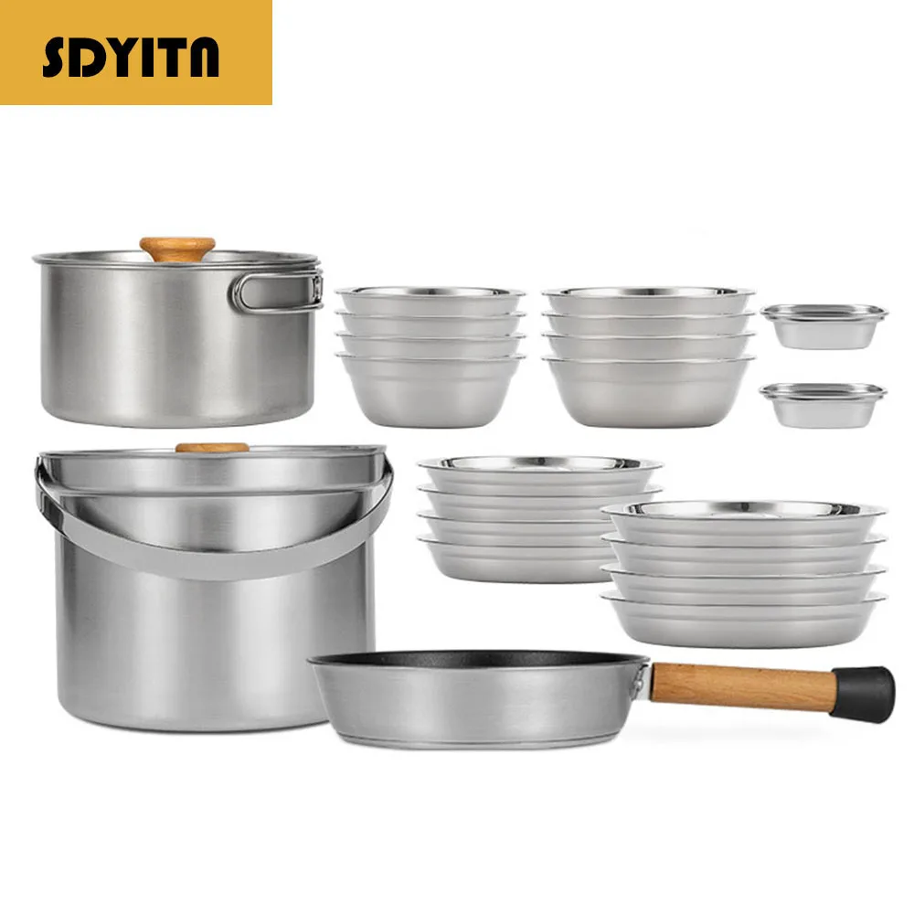 Self-Driving Camping Cookware Set, 22-Piece Portable Stainless Steel Outdoor Tableware with Pot and Fry Pan