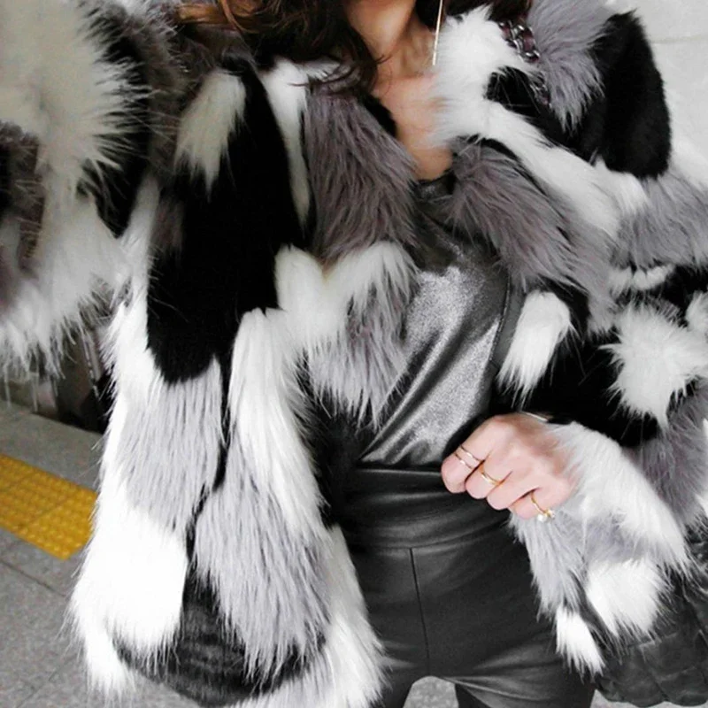 2024 Large Women\'s Warm Faux Fur Coat 6XL Winter Fashion Coat Jacket Camouflage Patchwork Retro Jacket