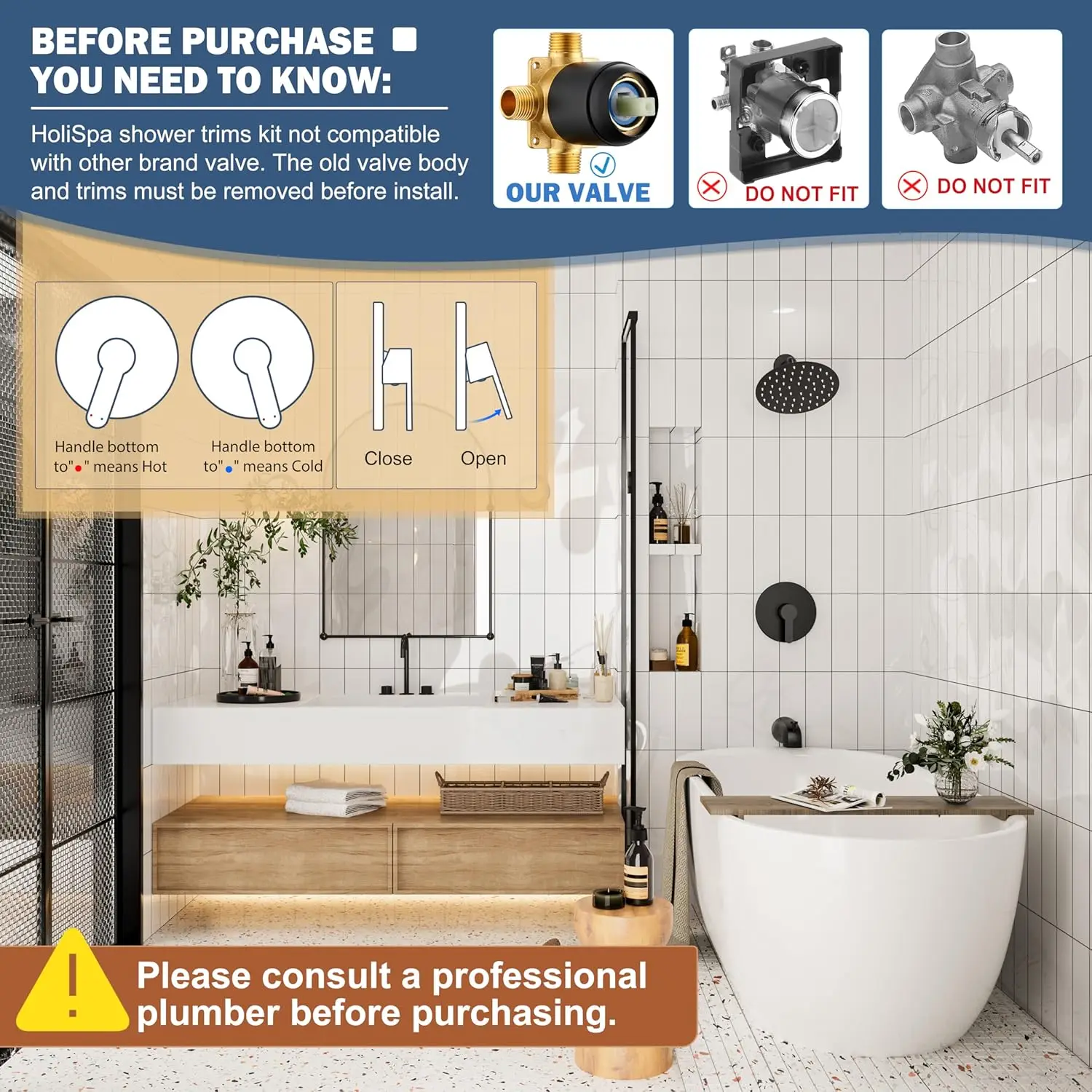 Matte Black Shower Faucet Set with 8-Inch Rainfall Showerhead, Bathtub Spout, and Single-Handle Trim Kit
