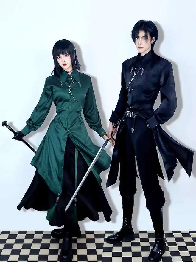 

New Chinese Style Carnival Halloween Cos Cosplay Genderless Snake Element Dark Green Shirt Han Elements Silk Satin Shirt