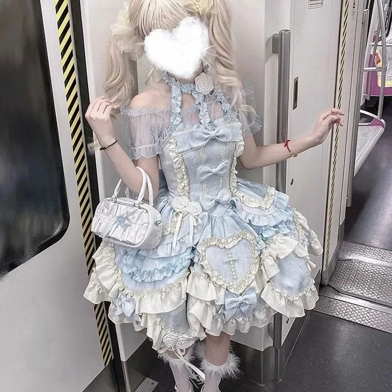 

Lolita Sweet JSK Neck Hanging Dress Women Bow Ruffles Evening Party Mini Dress Japanese Harajuku Y2k Princess Dresses