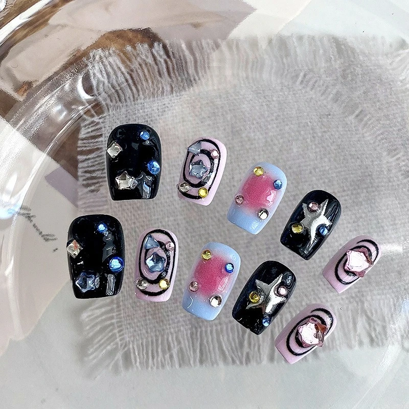 

10PCS Y2k Short Coffin Handmade False Nail Pink Blush Sweet Cool Stars Fake Nails Spice Girls with Diamonds Press on Square Nail