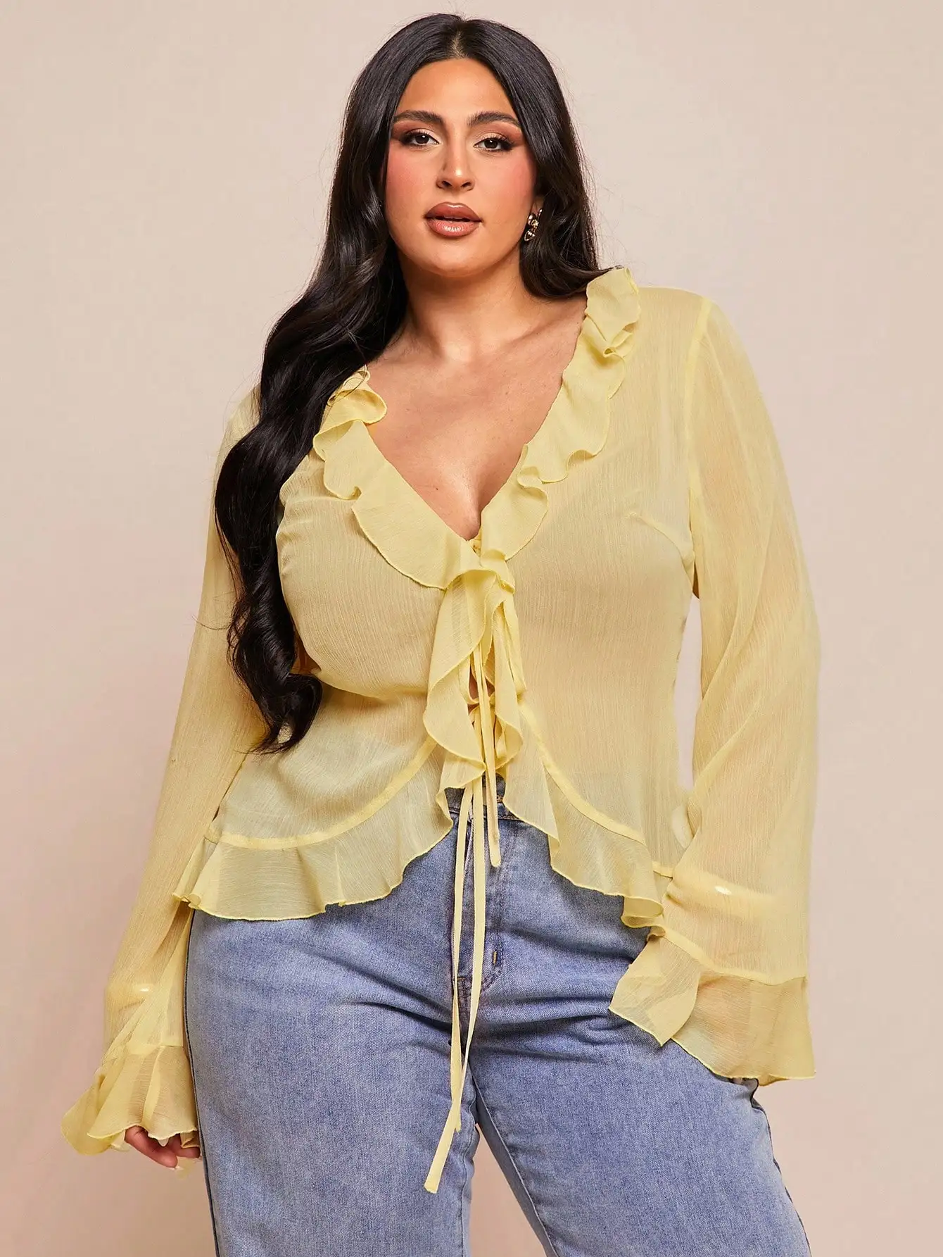 

Желтая шифоновая блузка больших размеров с рюшами и завязками спереди, с длинным рукавом, для весенних свиданий и повседневных прогулок