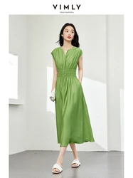 VIMLY Women's Elegant Evening Draped Dresses Summer New Range Waisted Slim Sleeveless V-Neck A-Line Pleated Long Dress