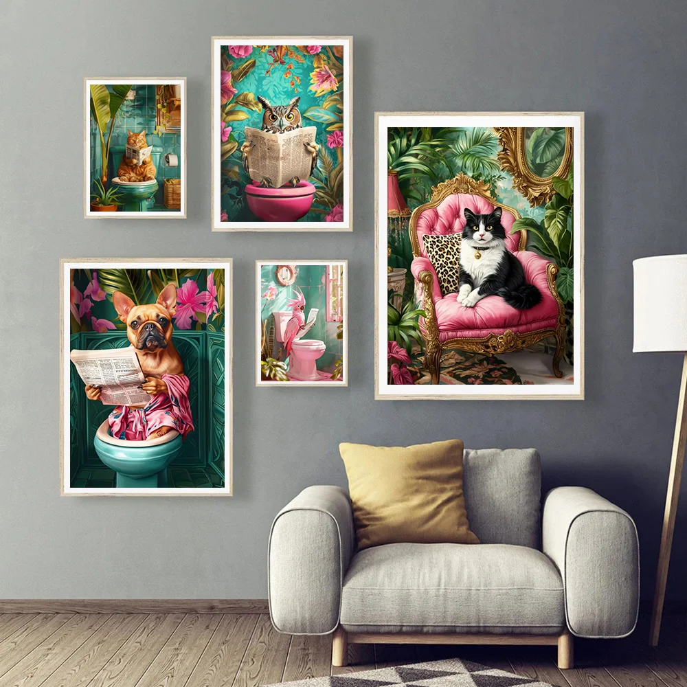 النمط الاستوائي الدوبامين مضحك القط الأسود قراءة صحيفة على المرحاض الملصقات الإبداعية الفن الحديث قماش اللوحة ديكور الحمام #2
