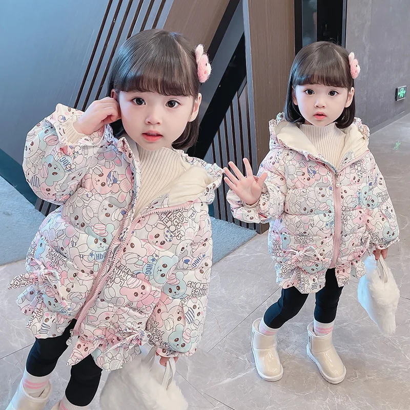 Girls Winter Cotton Coat Girls Windproof Hooded Jacket Children Outerwear Clothing Kids Warm Thick Clothes 3-8Years Cold Weather