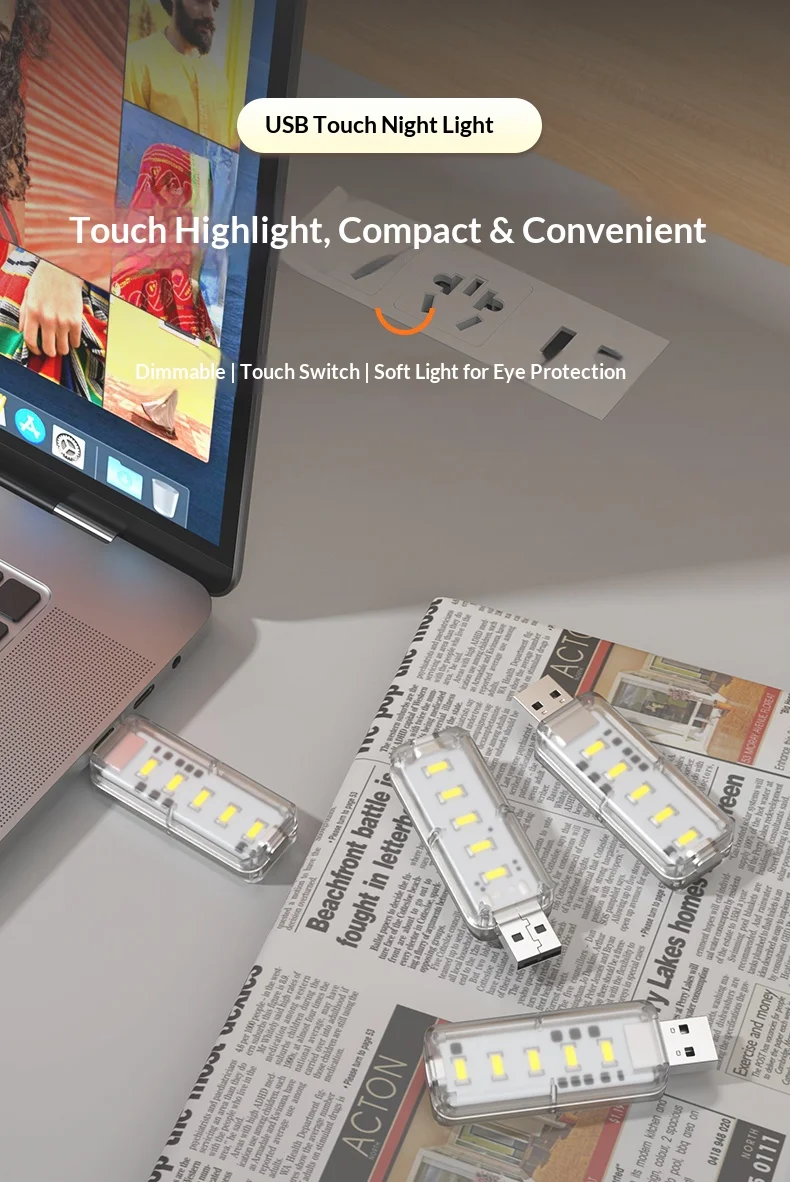 10LEDs USB Touch Dimming Night Light 5V Portable 3000K/6500K Bulb for Bedroom Study PC Laptop Mobile Power Bank Plug in Lighting