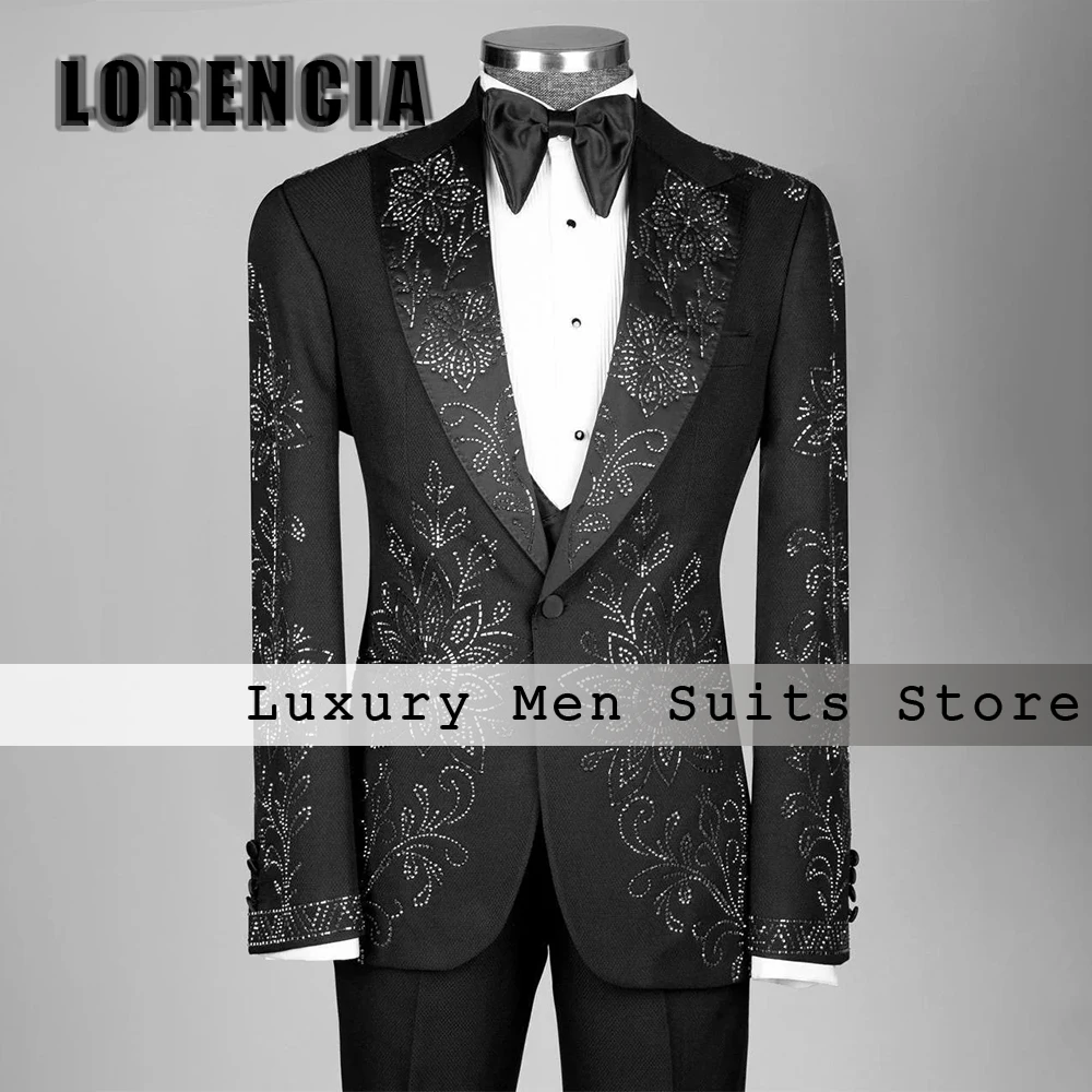

Elegant Crystal Suits for Men 3 Pieces Shawl Collar Tuxedos Wedding Party Gowns Customized Blazer Pans traje juvenil masculino