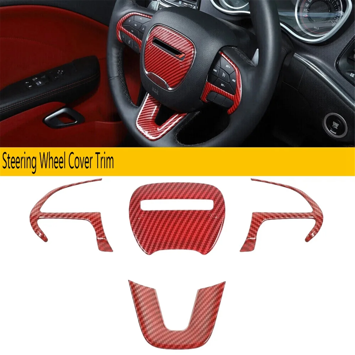 Carbon Fiber Red Steering Wheel Cover Trim for Jeep Dodge Charger Challenger Durango 2015-2022 Car Interior Style