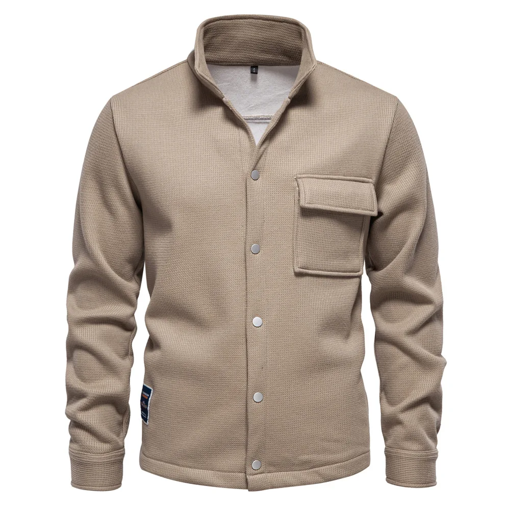 Autumn Winter Fleece Waffle Lapel Zip-Up Jacket Men's Pocket Casual Outerwear