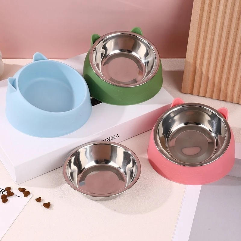 15° Tilted Stainless Steel Cat Bowl,Non-slip Base, Anti-Spill Pet Drink Water Feeder For Pet Dogs-100/200/400ml ,Neck Protection
