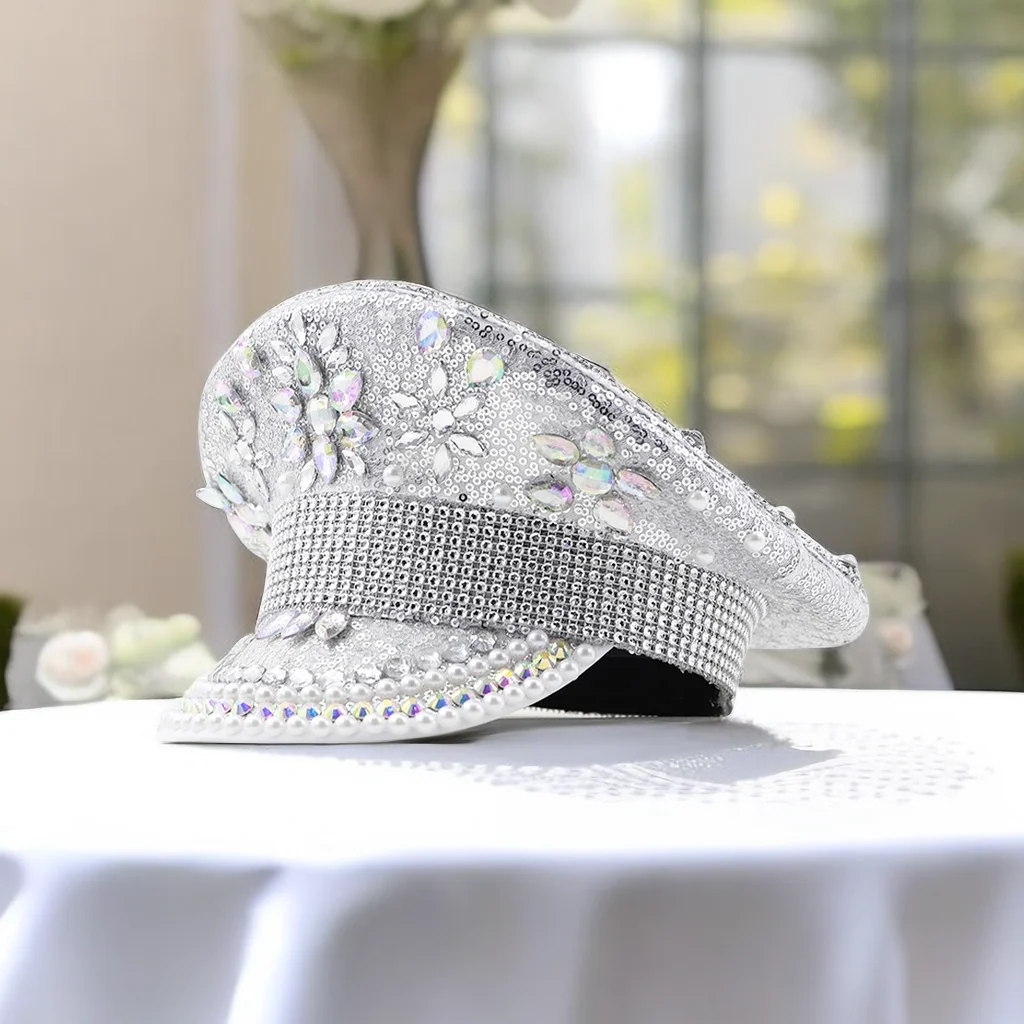 Fashion Women Bride Captain Hat Military Cap Sergeant Bridal Hat Hen Do Hat Festival Birthday Part Hat Luxury Rhinestone