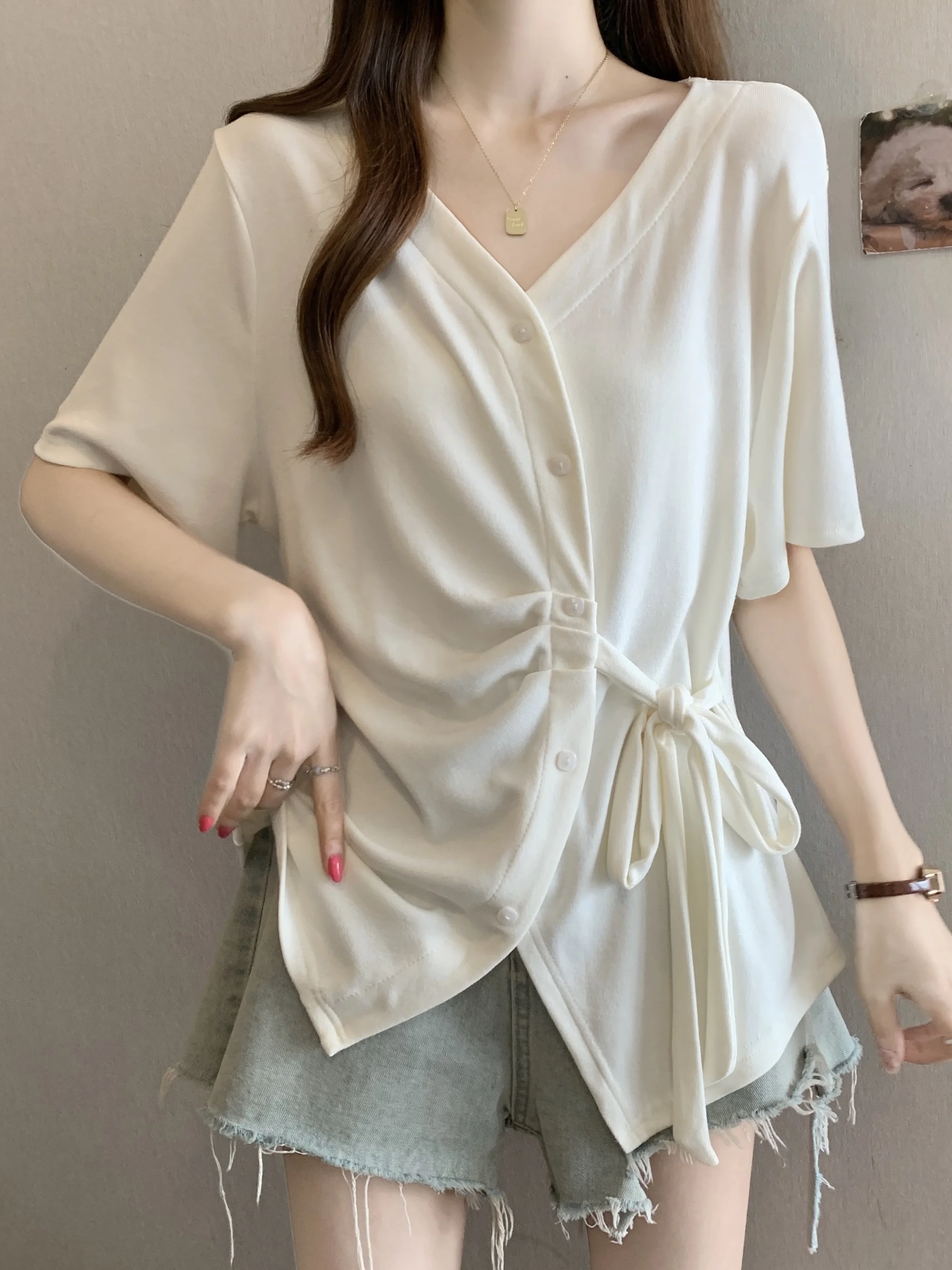 Slimming V-Neck Short Sleeve T-Shirt Women's Summer Base Shirt plus Size Knot Waist Tie Drape Top Comfortable Knitted Casual