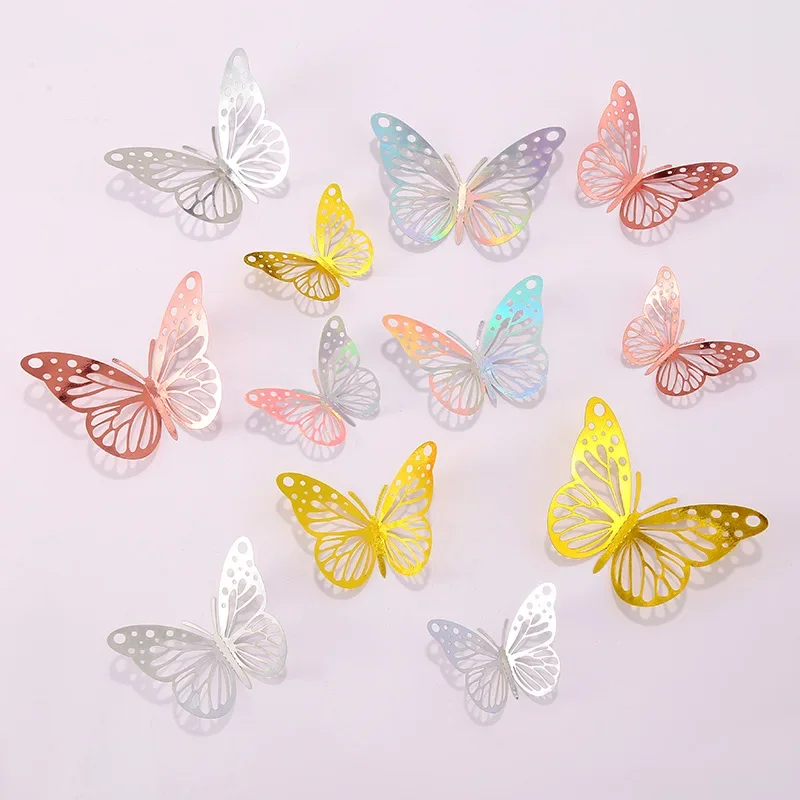 12 pieces/pack 3D colorful silver butterflies DIY wedding celebration party home balloons atmosphere decoration stickers