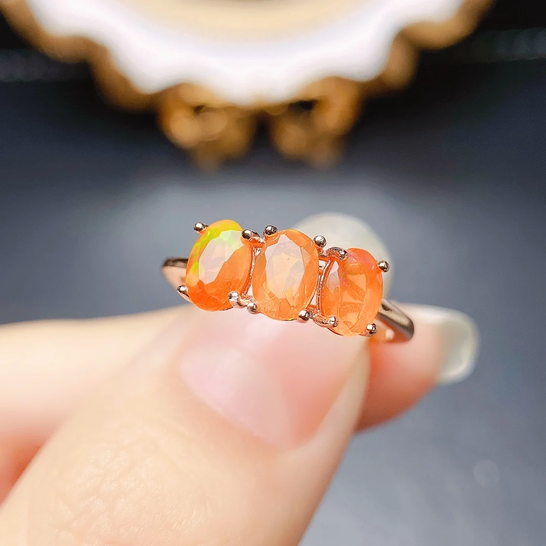 October Birthstone Opal Ring Three Stones Orange Fire Opal Ring 925 Sterling Silver Natural Opal Engagment Rings For Gift - view 4