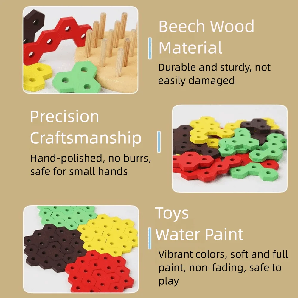 Puzzle de hamburger 3D créatif, blocs de bois, colonne à manches hexagonales, jouets de construction, forme géométrique, Cognition des couleurs