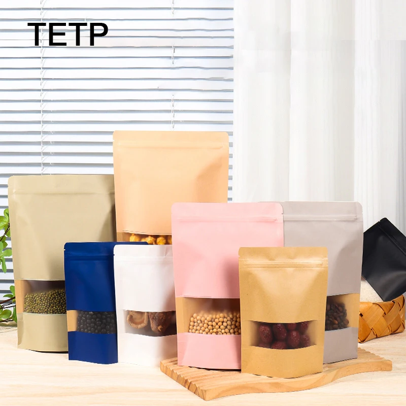 TETP 50Pcs Colored Kraft Bags With Frosted Window Home For Cookies Candy Nut Tea Packaging Storage For Small Business Resealable