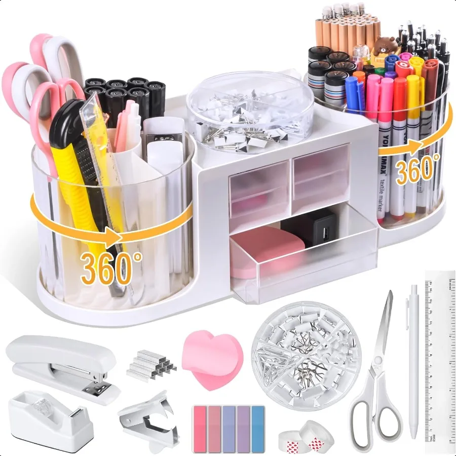 

White Rotating Desk Organizer and AccoriesOffice plies 360Pen Holder with 3 Drawer and Tape Dispenser Stapler Staple Remover St