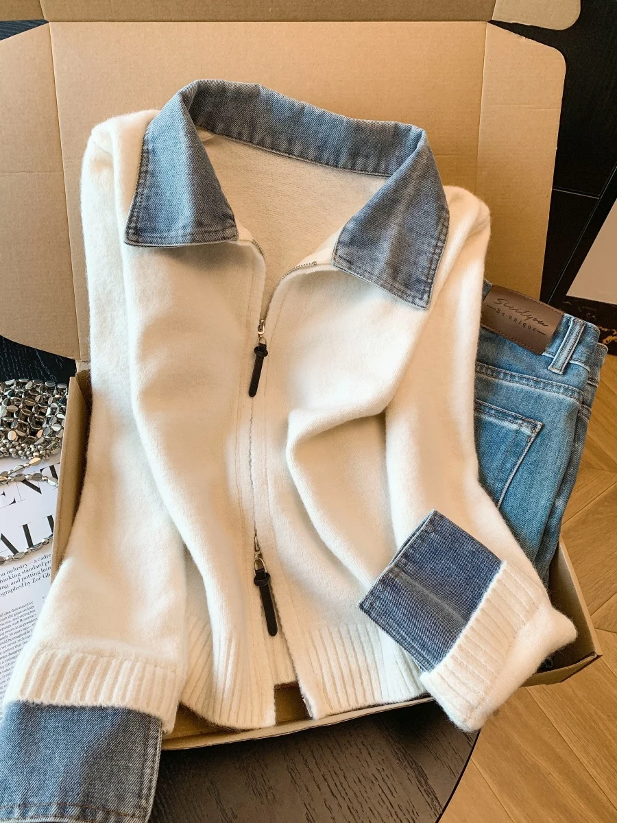 Sweter damski na jesień i zimę, dzianinowy, z denimowym kołnierzem, łączony, kardigan, nowy, elegancki, do pracy, dopasowany...