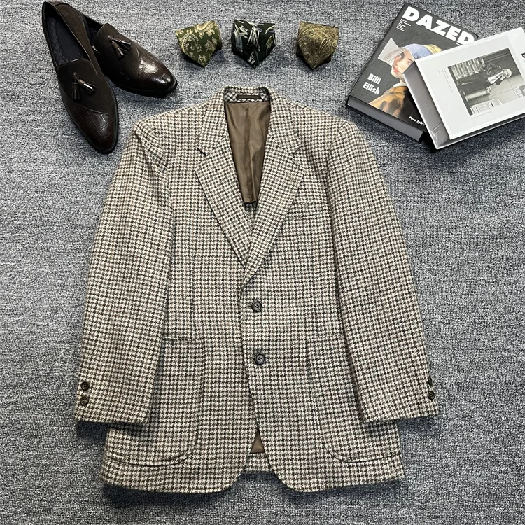 Vintage Unisex Woolen Suit Jacket Simple Casual Plaid Retro Style Warm Windproof Interview Commuting Business Casual Wear