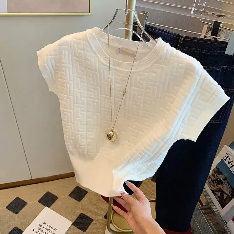 

Women's Summer Short Sleeve T-Shirt, Office Lady Solid Color Knit Top, Elegant Jacquard O-Neck Blouse (Character Count: 78)