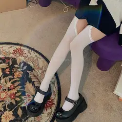 Womens Sexy Side Cutout Holes Suspender Pantyhose Harajuku Kawaii Lolita Lace Trim Fake Garter Belt Stockings Tights