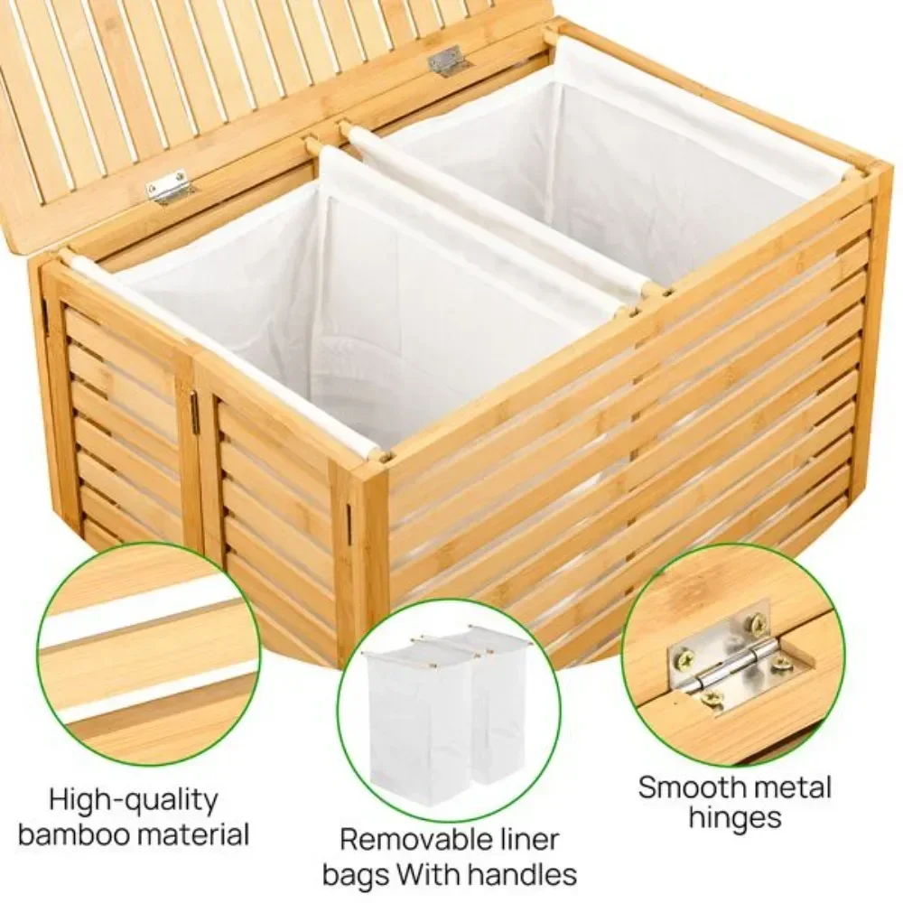 Bamboo Laundry Basket with Lid, Foldable Laundry Basket, Laundry Sorting Machine for Bathroom, Bedroom