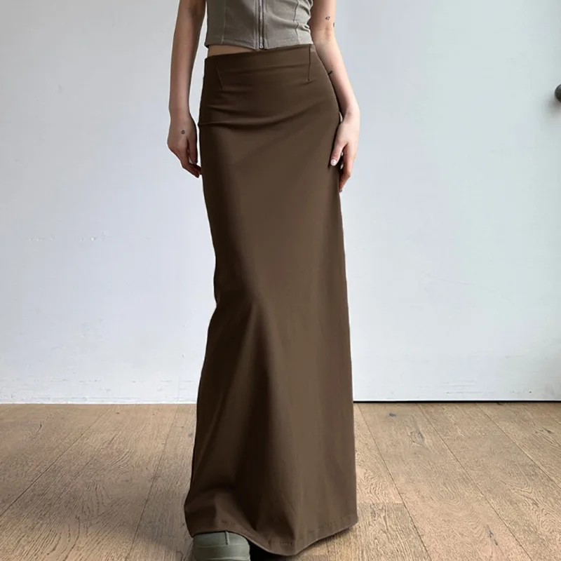 

Vintage Brown Skirts Women Korean Fashion High Waist Straight Split Office Long Skirt 2023 Autumn Elegant Ladies Club Maxi Skirt