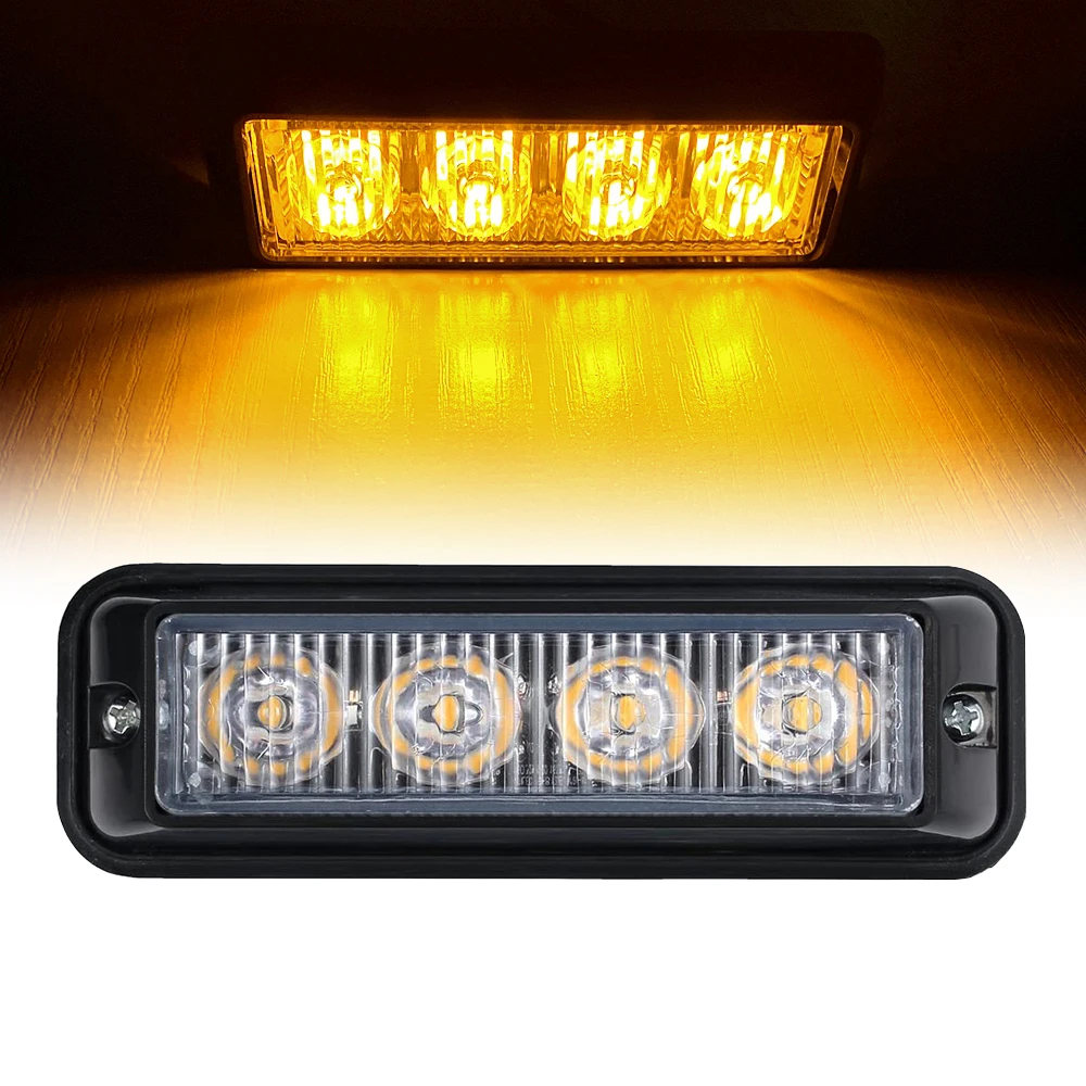 4 LED Amber Car Emergency Strobe Light Vehicle Truck Grille Flash Signal Lamp LED Flashing Width Indicator Light Beacon 12V 24V