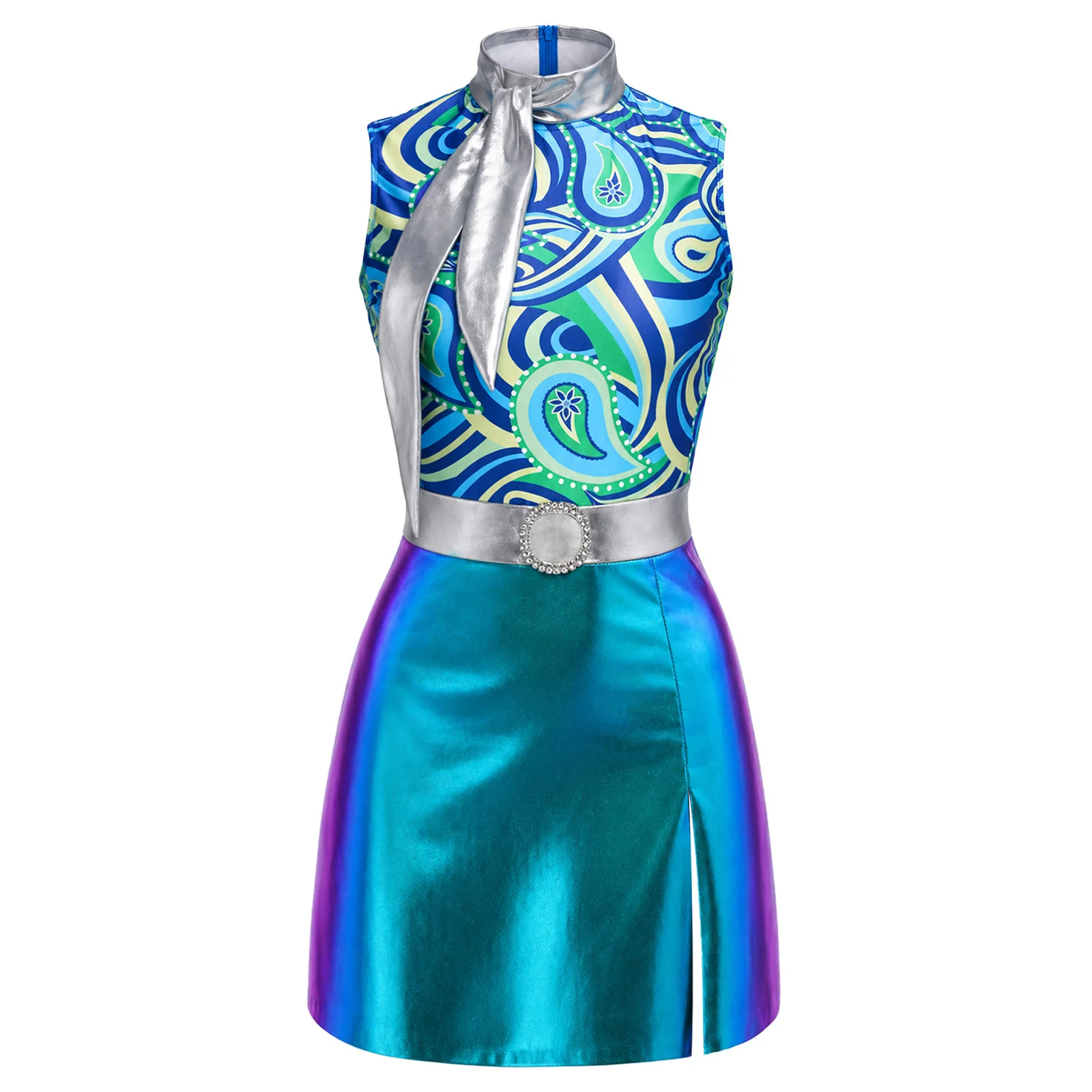 Damen Disco-Tanzkleid der 70er Jahre, ärmellos, mit Reißverschluss am Oberteil, metallisch glänzendes Kleid, Halloween-Themenparty, Karneval, Hippie-Cosplay-Kostüm