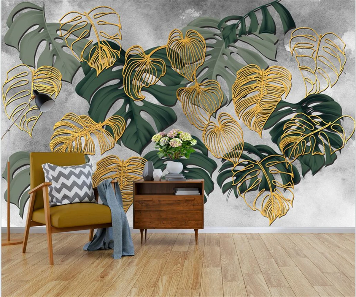 Custom Photo Mural Wallpaper European style golden lines simple tropical plants Living Room TV Background Wall 3d wallpaper