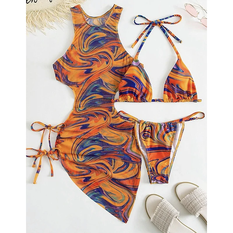

Винтажный комплект бикини Tie Dye, женский купальник с вырезами, треугольные стринги, бикини с эффектом пуш-ап, новинка 2025 года, пляжный купальник, комплекты из 3 предметов