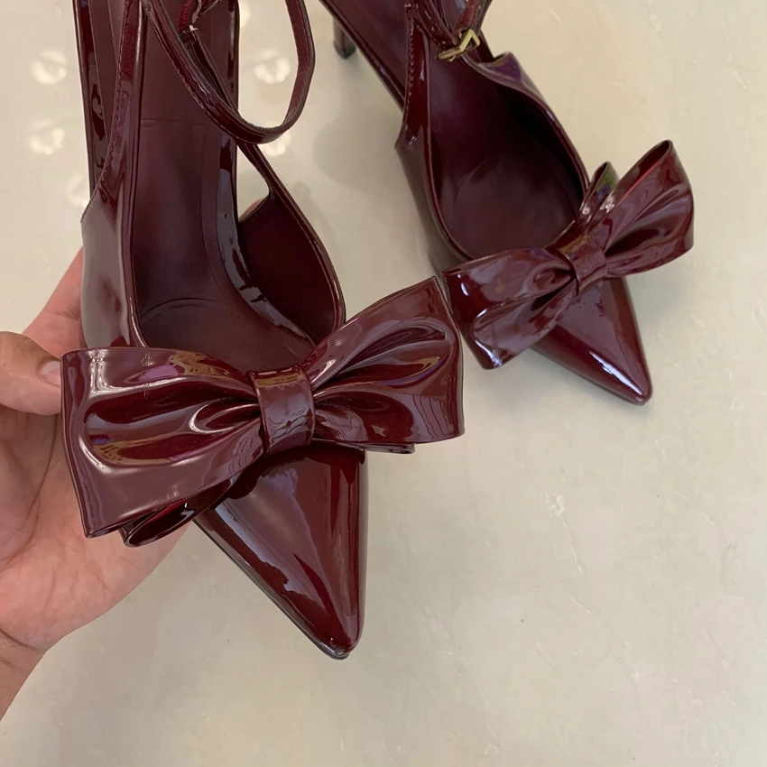 Wine Red Ankle Strap Stilettos For Woman Patent Leather Bow Pointed Toe High Heels Sandals Women Pumps Shoes